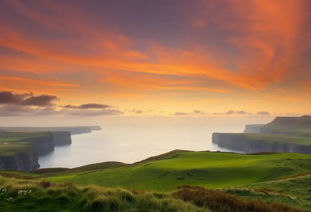 Breathtaking view of an Irish golf course at sunset