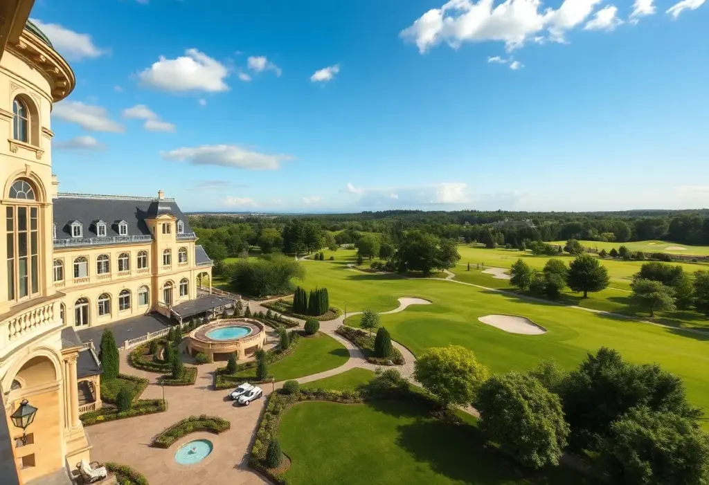 Exterior view of the Seaview Hotel & Golf Club surrounded by nature and golf courses.