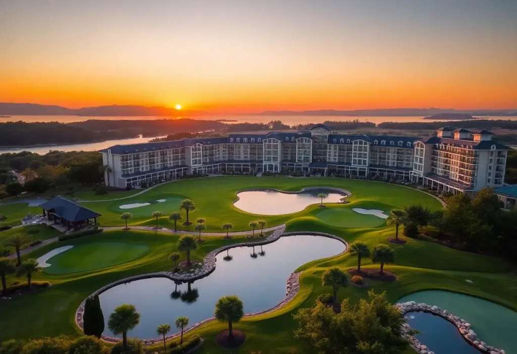 Beautiful sunset view of Seaview Hotel and golf course