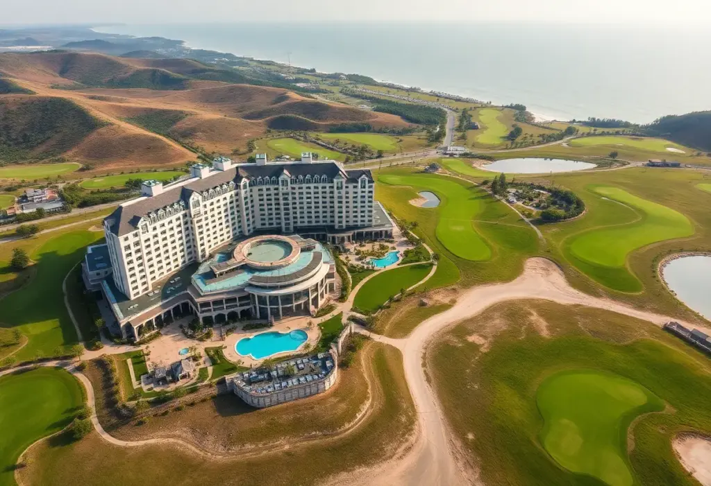 A wide view of Seaview Hotel and its golf courses amidst lush greenery.