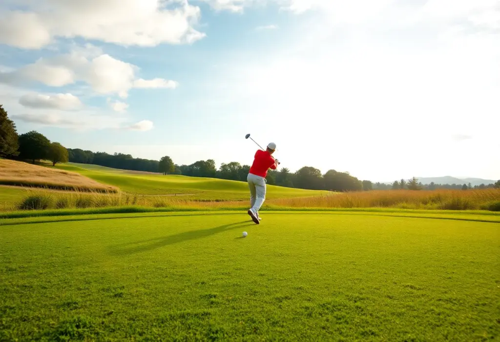 A golfer teeing off on a tranquil golf course