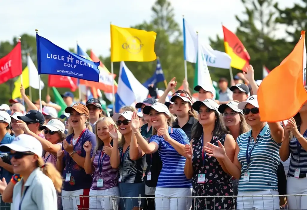Women's golf tournament with fans and sponsors' banners