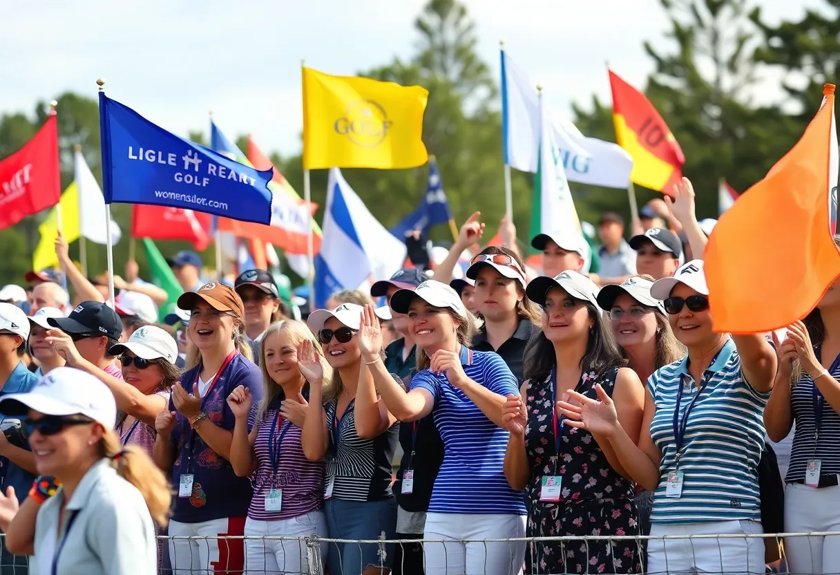 Women's golf tournament with fans and sponsors' banners
