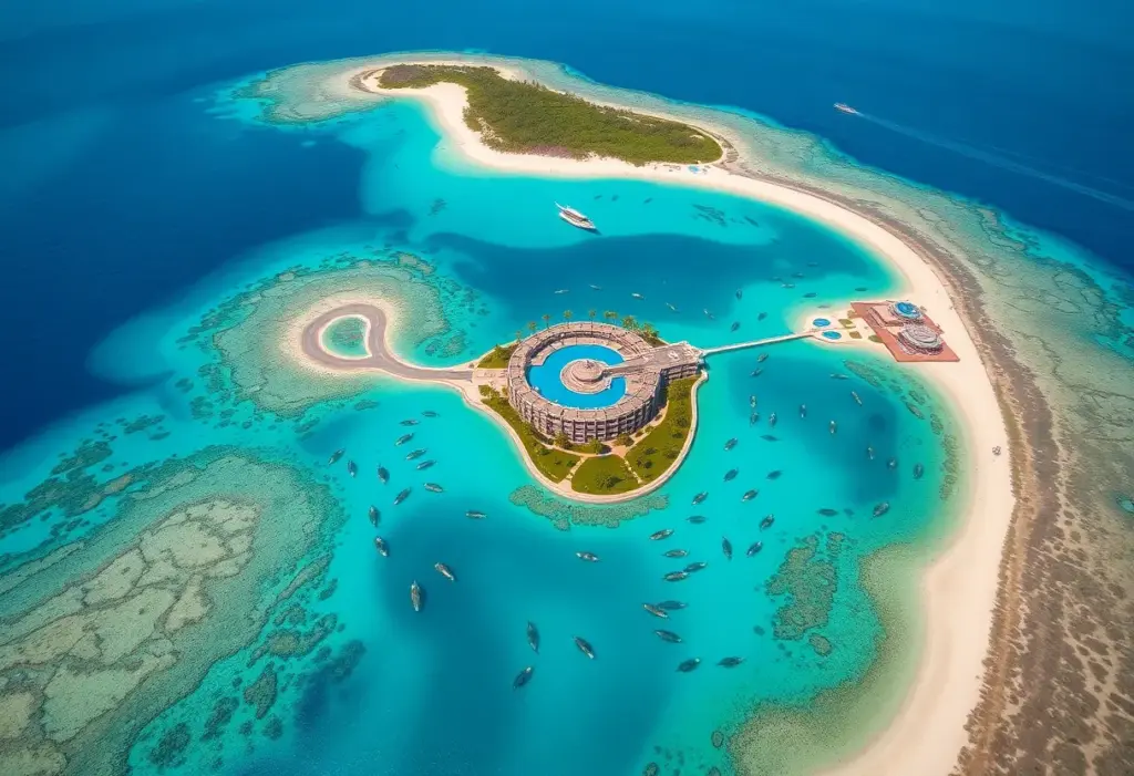 Aerial view of Shura Island with luxurious eco-resorts and coral reefs