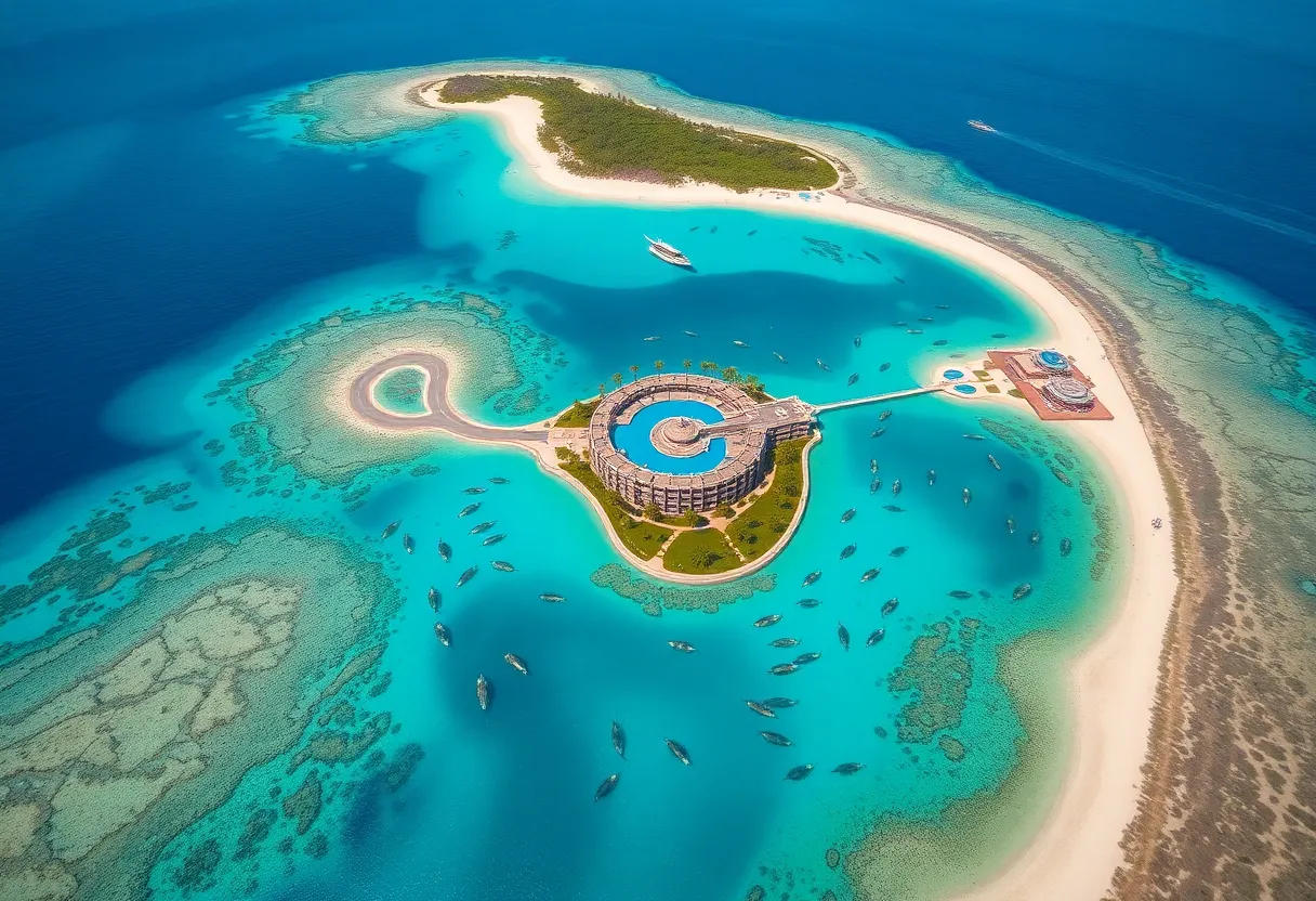 Aerial view of Shura Island with luxurious eco-resorts and coral reefs