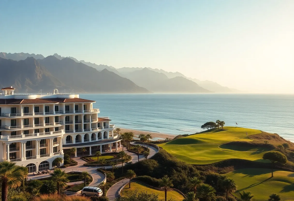View of Slieve Donard Hotel with golf course