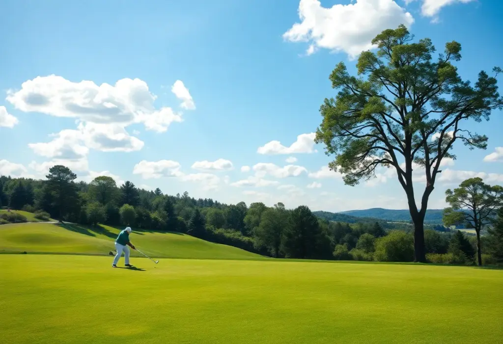 A golfer practicing on a tranquil golf course alone.