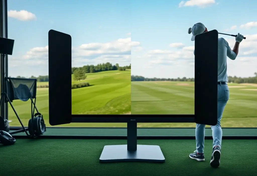 Square Omni golf launch monitor showcased in a golf training environment