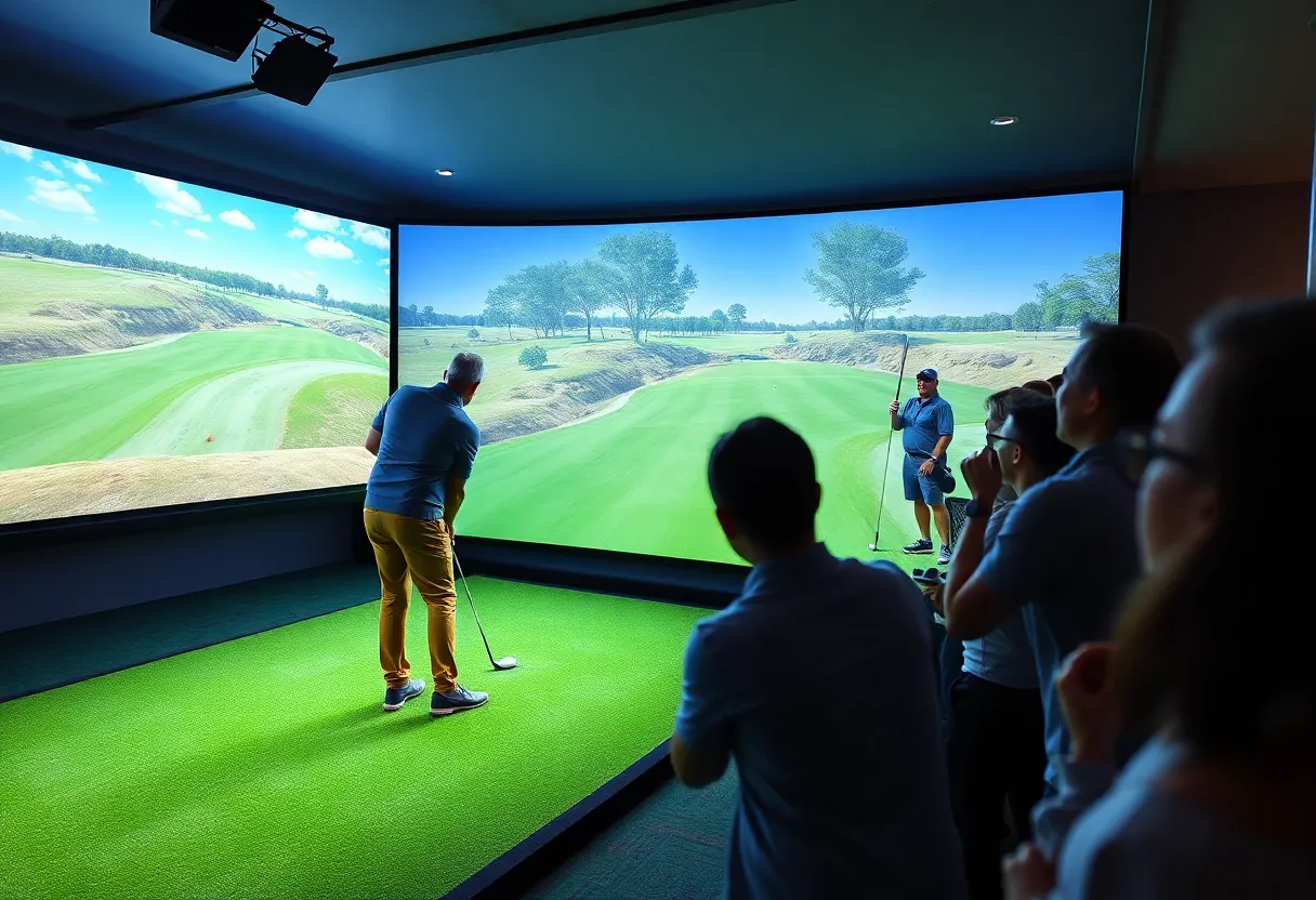 Crowd celebrating a hole-in-one during a golf simulation match.