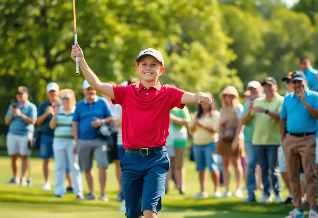 Young golfer celebrating victory on a golf course