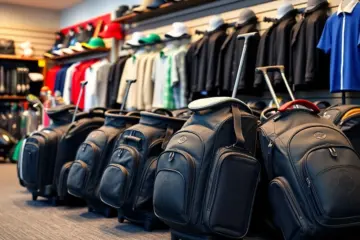 Display of various top-rated golf travel bags available for purchase