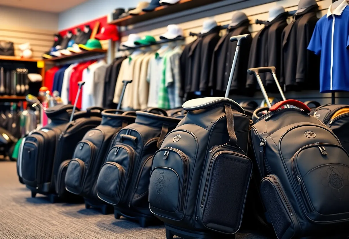 Display of various top-rated golf travel bags available for purchase
