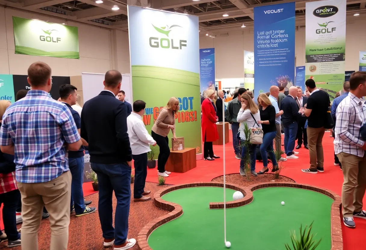Visitors enjoying the Toronto Golf & Travel Show with a miniature golf course in the background.