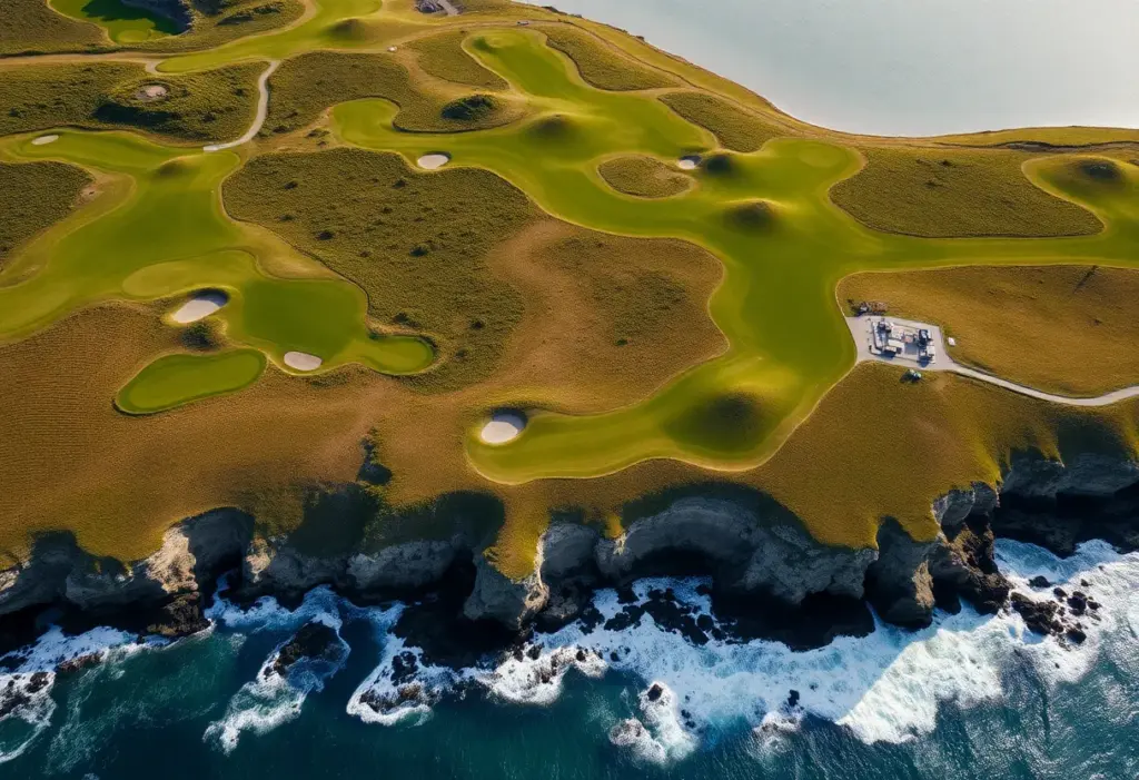 Aerial view of a picturesque golf course by the coast.