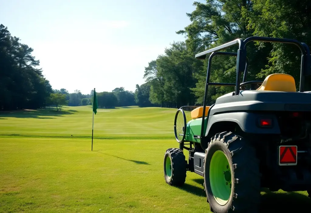 Golf course equipped with turf care machinery