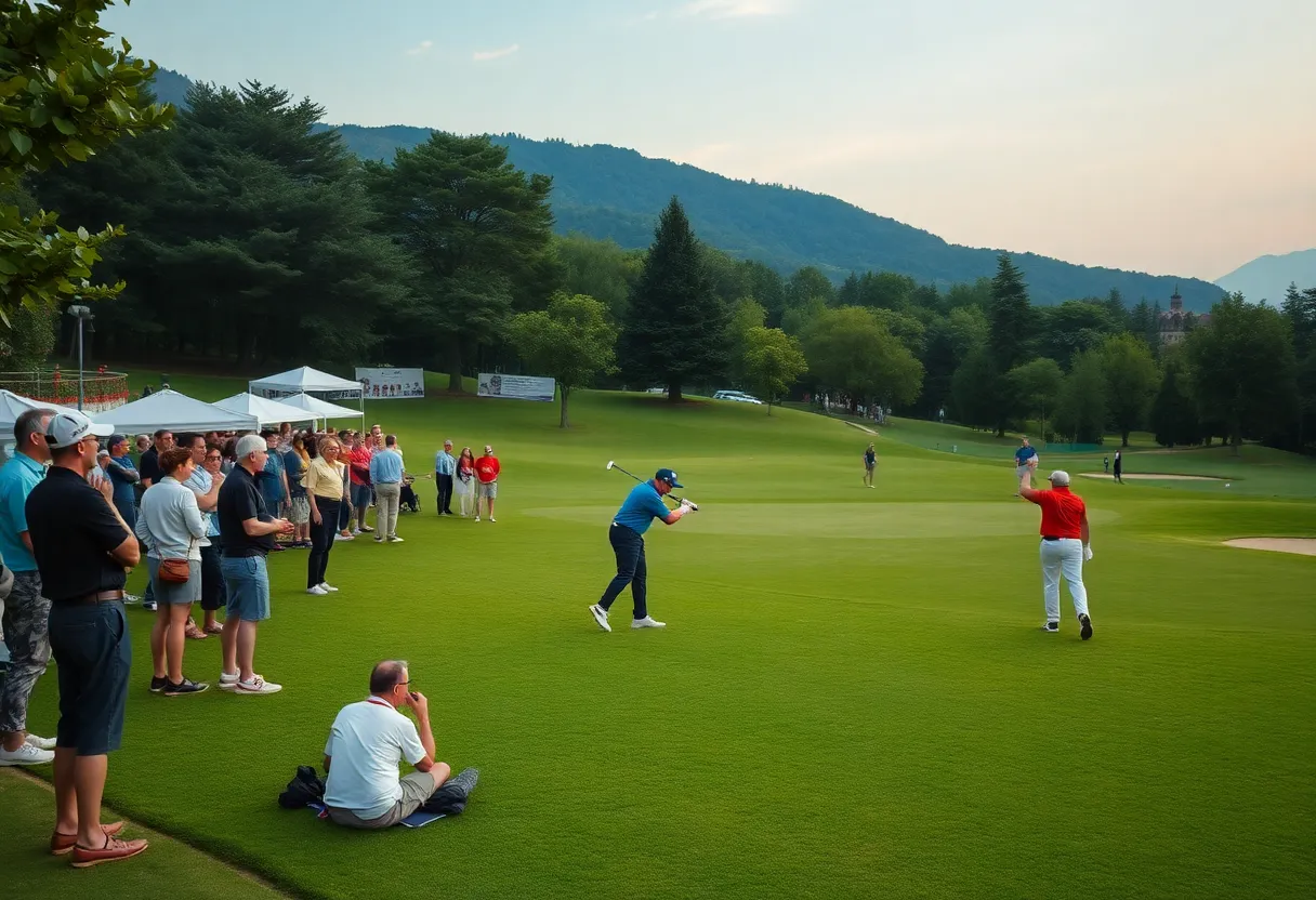 View of the Turkish Airlines Open golf tournament in Antalya with players and spectators.