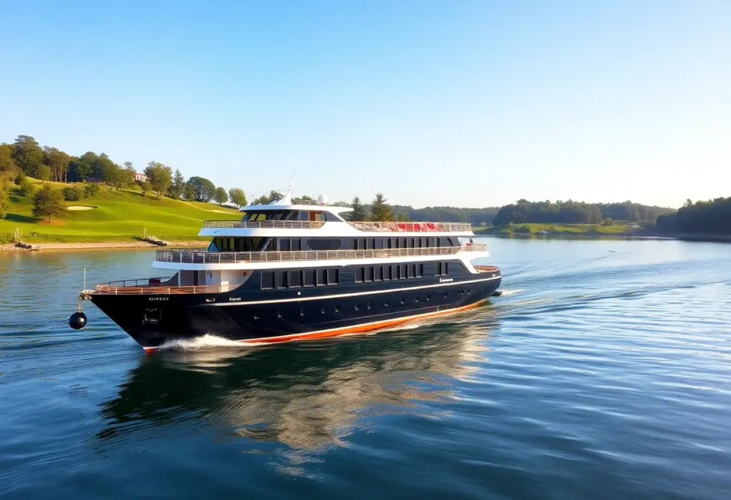 A Viking cruise ship on a serene river with golf courses visible in the distance.
