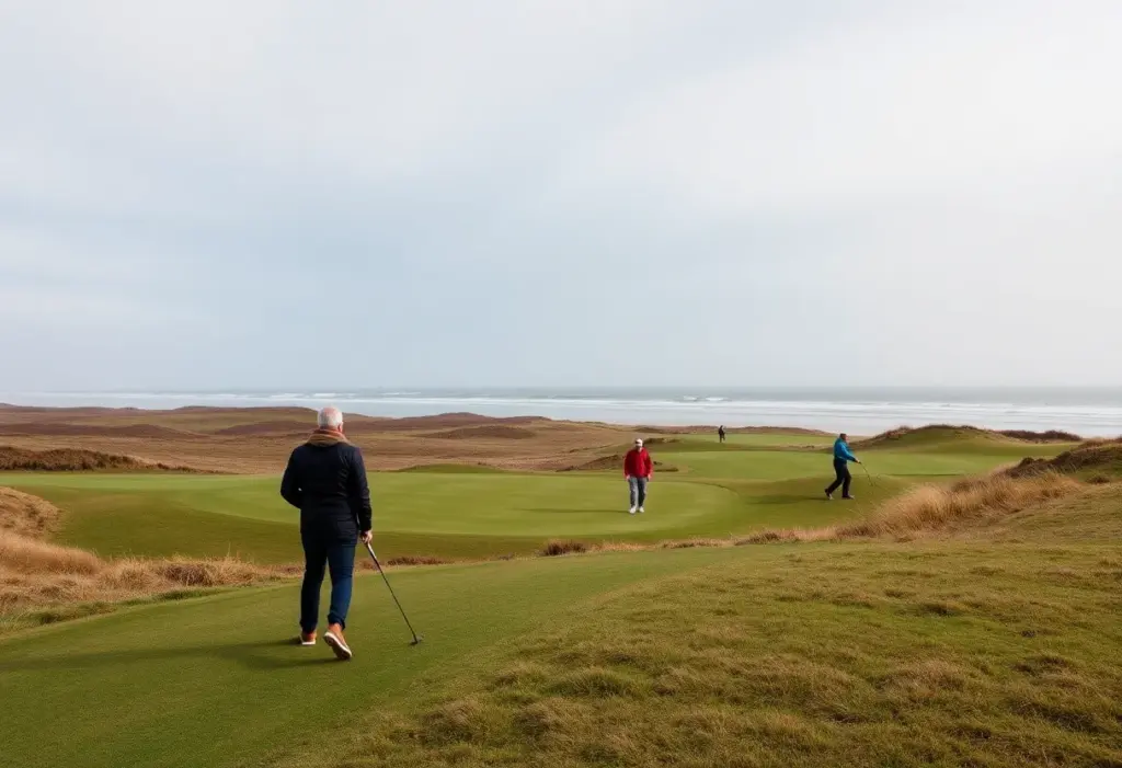 Golfers playing at Bandon Dunes golf course in winter