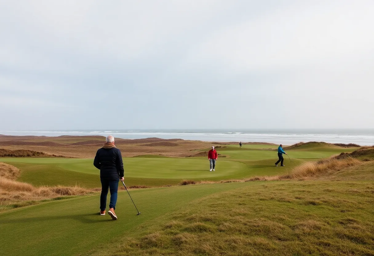 Golfers playing at Bandon Dunes golf course in winter