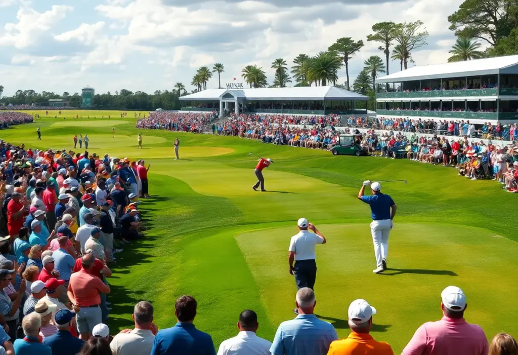 Scene from the WM Phoenix Open Golf Tournament featuring players and the crowd
