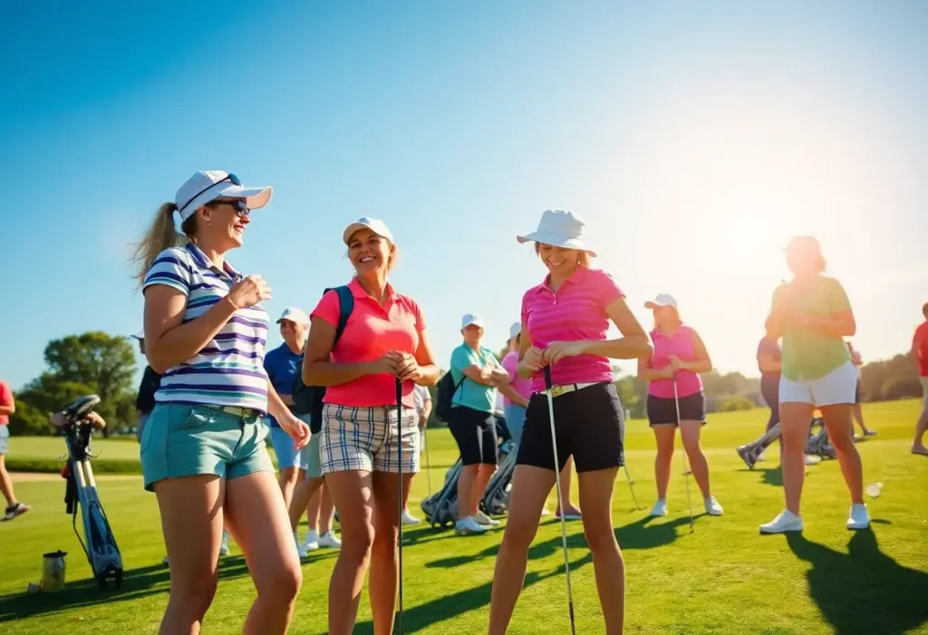 Women participating in a golf tournament with laughter and joy.