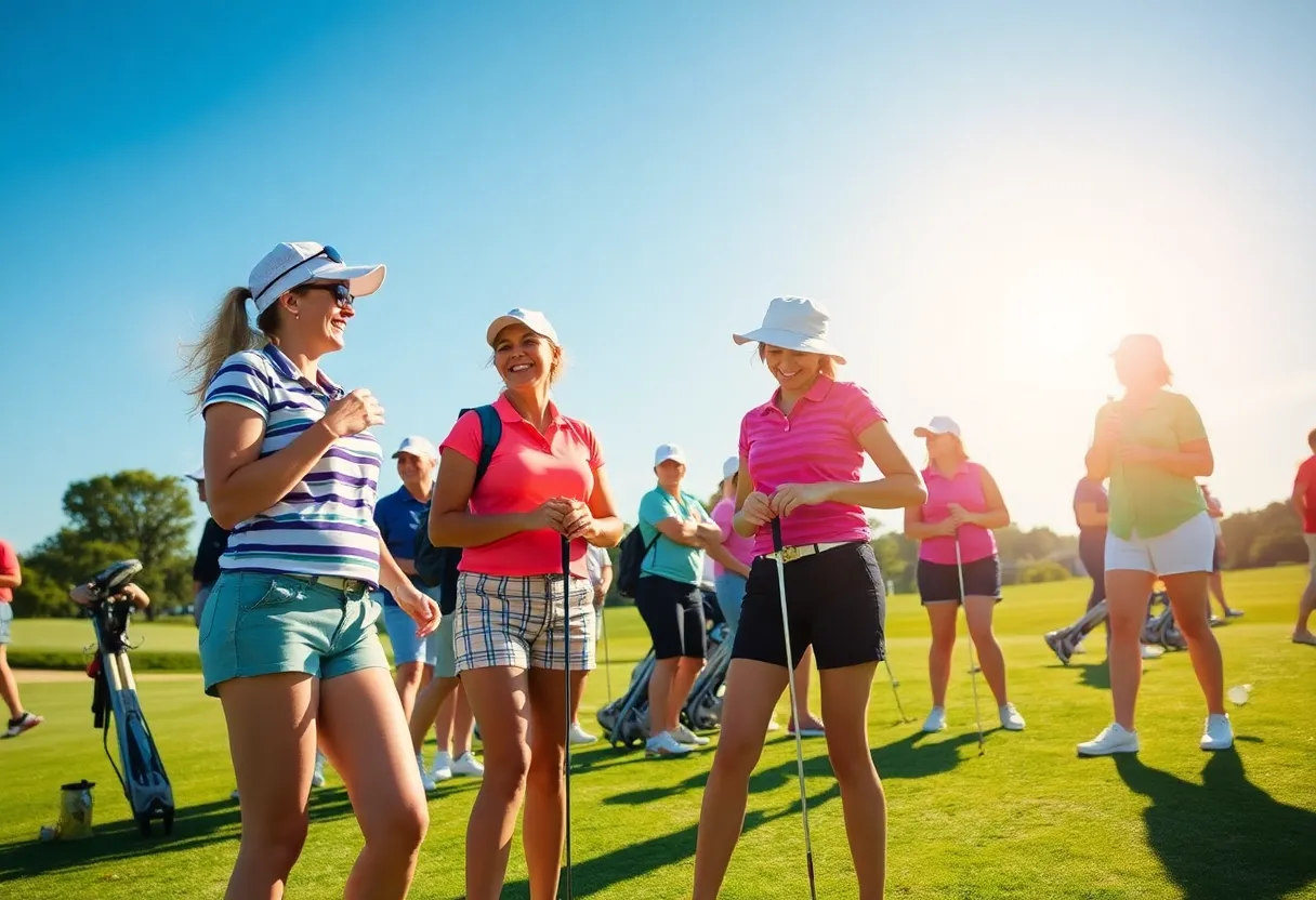 Women participating in a golf tournament with laughter and joy.