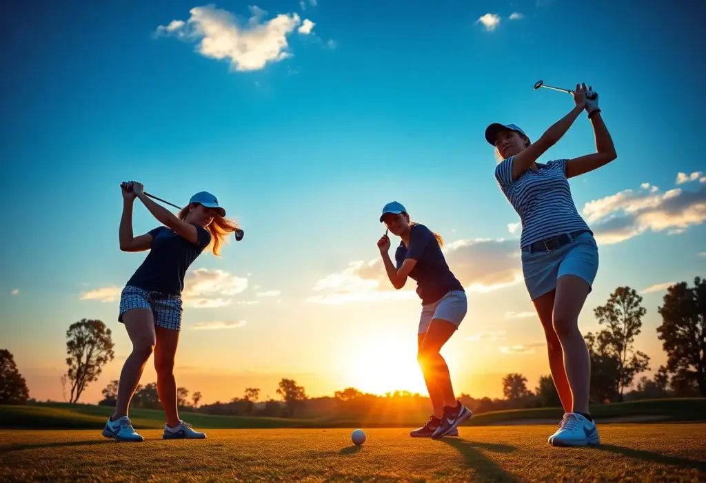 Young female golfers playing on a beautiful golf course during sunset