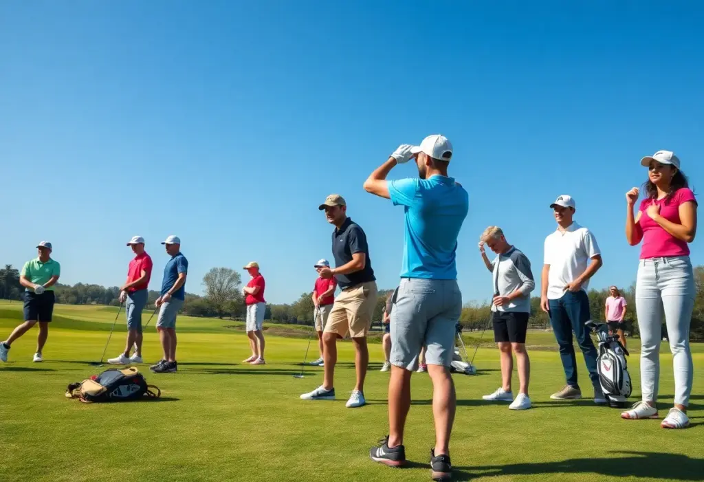 A group of young golfers practicing on a scenic golf course.