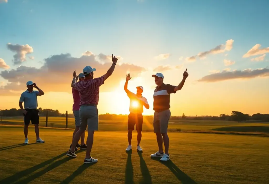 Celebration of a golfer winning a tournament on a lush green golf course.