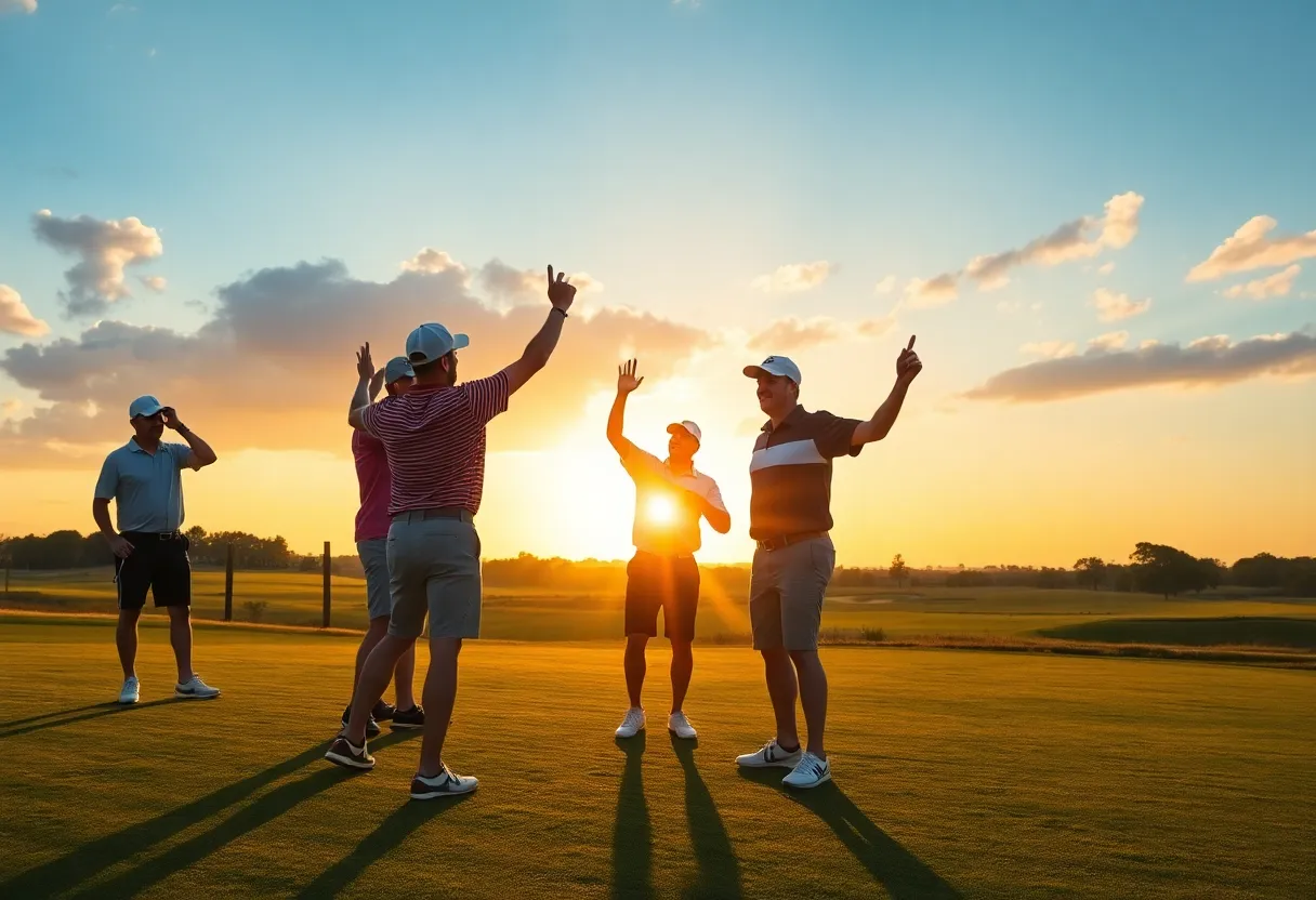 Celebration of a golfer winning a tournament on a lush green golf course.