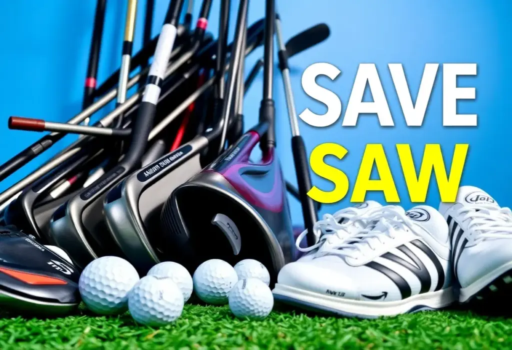 Display of golf gear including clubs and shoes for Amazon Prime Day
