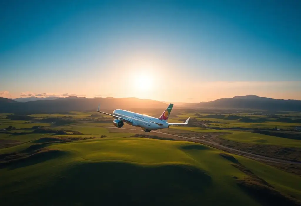 American Airlines A321XLR flying over a lush golf course in Scotland
