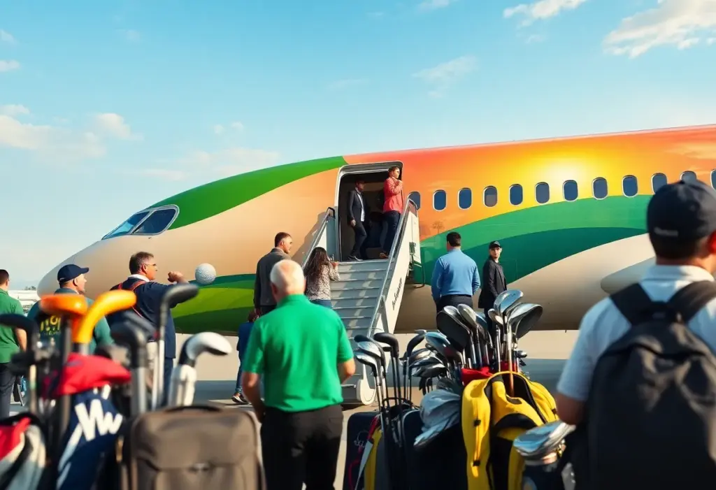 Passengers boarding American Airlines flight to a golf tournament destination.