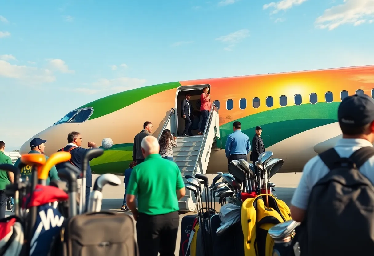 Passengers boarding American Airlines flight to a golf tournament destination.