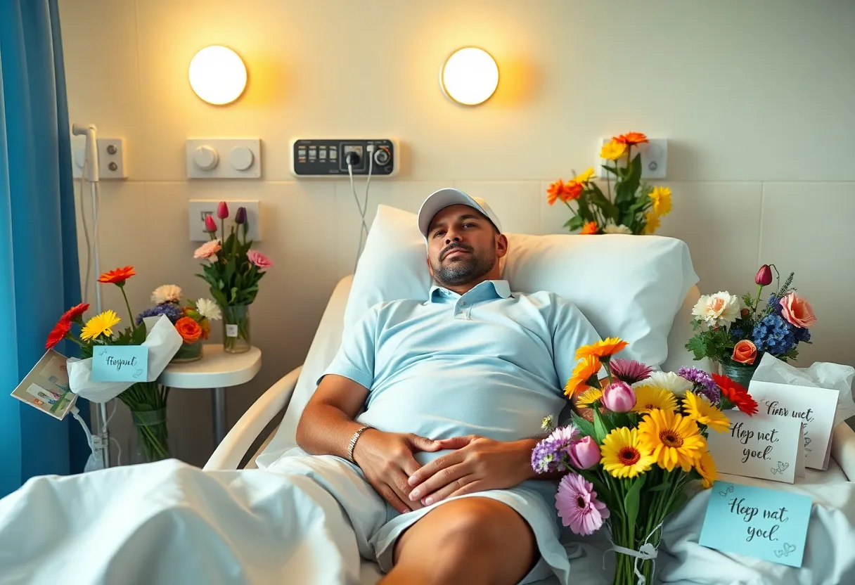 A golfer in a hospital room surrounded by support