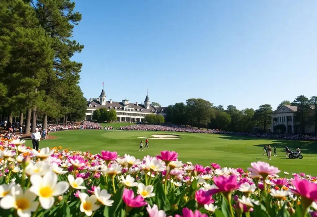 Scenic view of Augusta National Golf Club with vibrant flowers and golfers.
