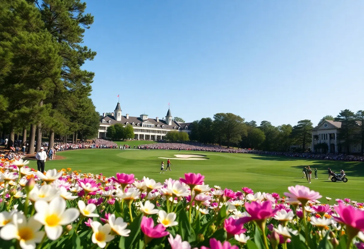 Scenic view of Augusta National Golf Club with vibrant flowers and golfers.