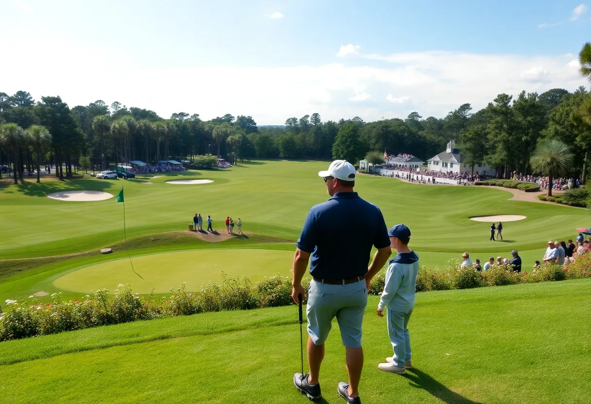 Scenic view of Augusta National Golf Course with a father and son golfing together.