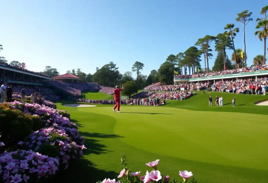 Augusta National golf course during the Masters tournament showcasing lush greens and blooming flowers.