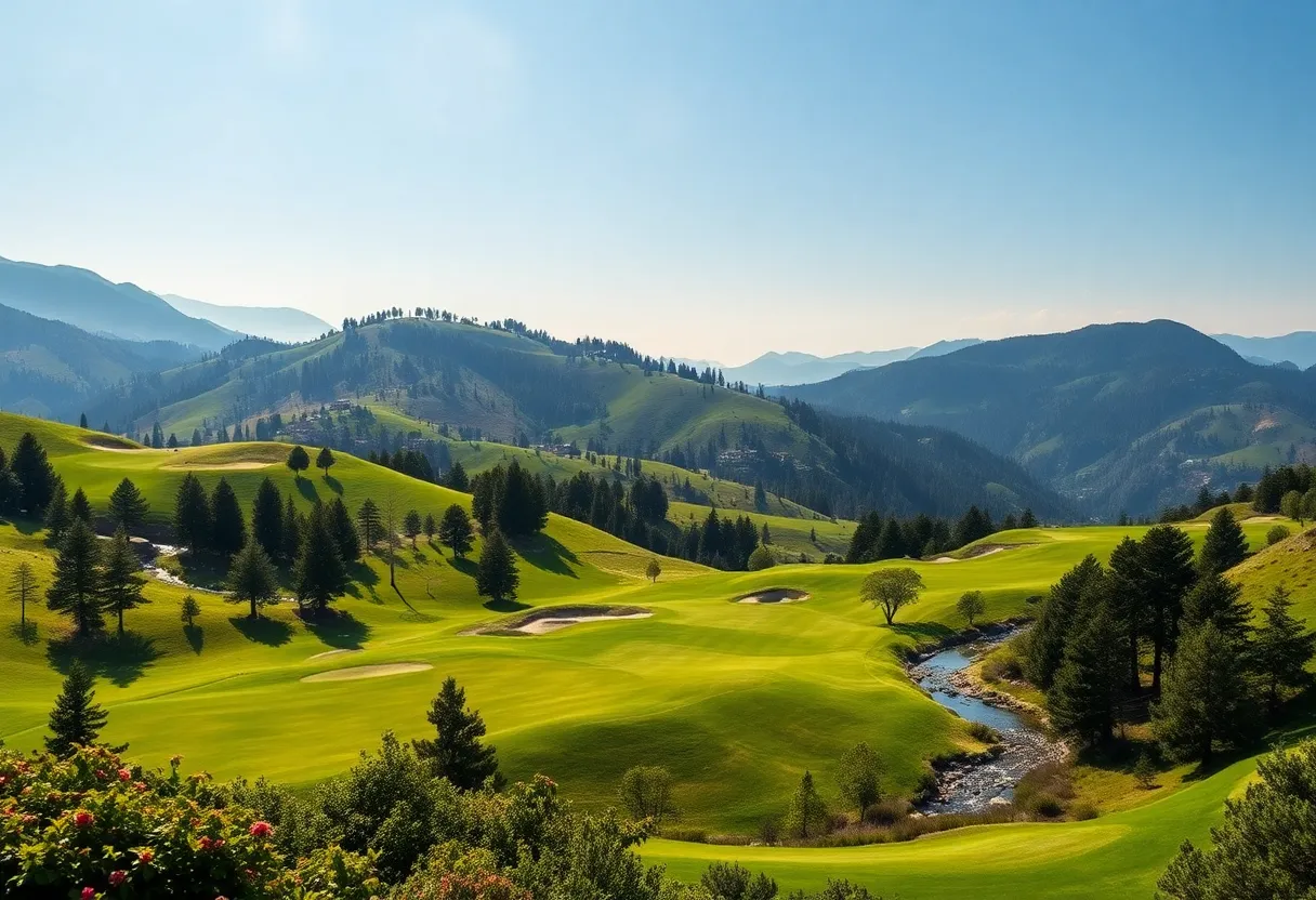 Scenic view of Ba Na Hills Golf Course with emerald hills and challenging terrains.