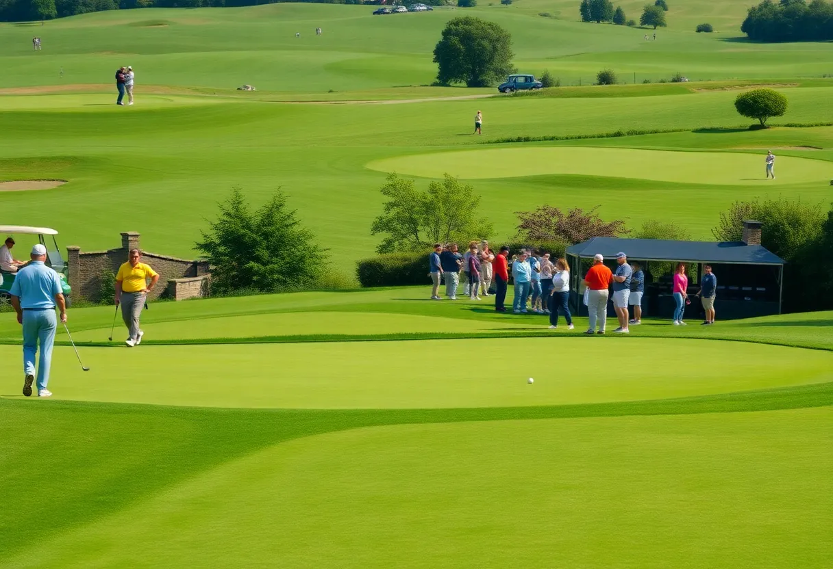 Scene of a golf course during a charity event with participants enjoying the day.