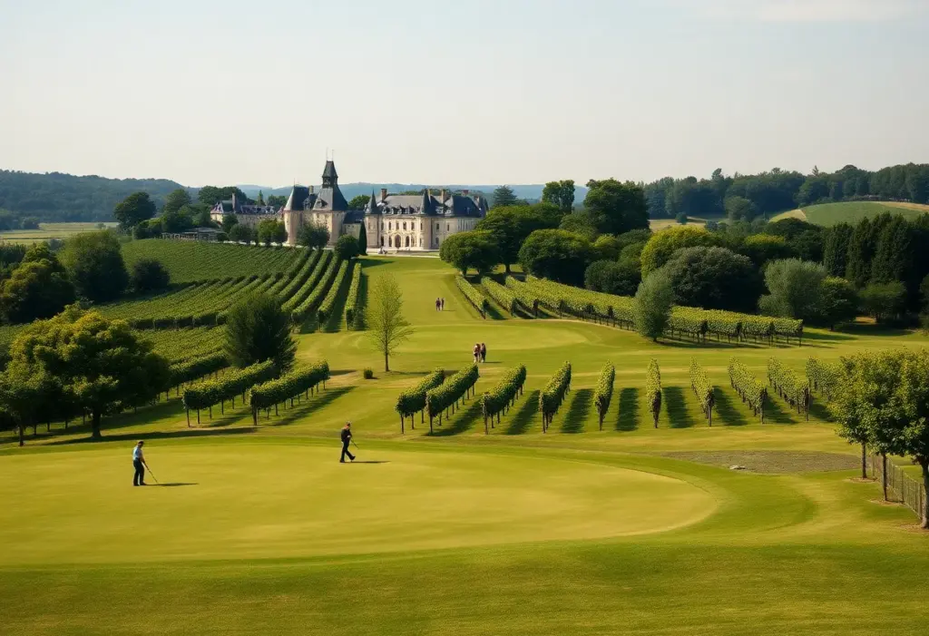 Luxurious golf resort surrounded by vineyards in Médoc region.