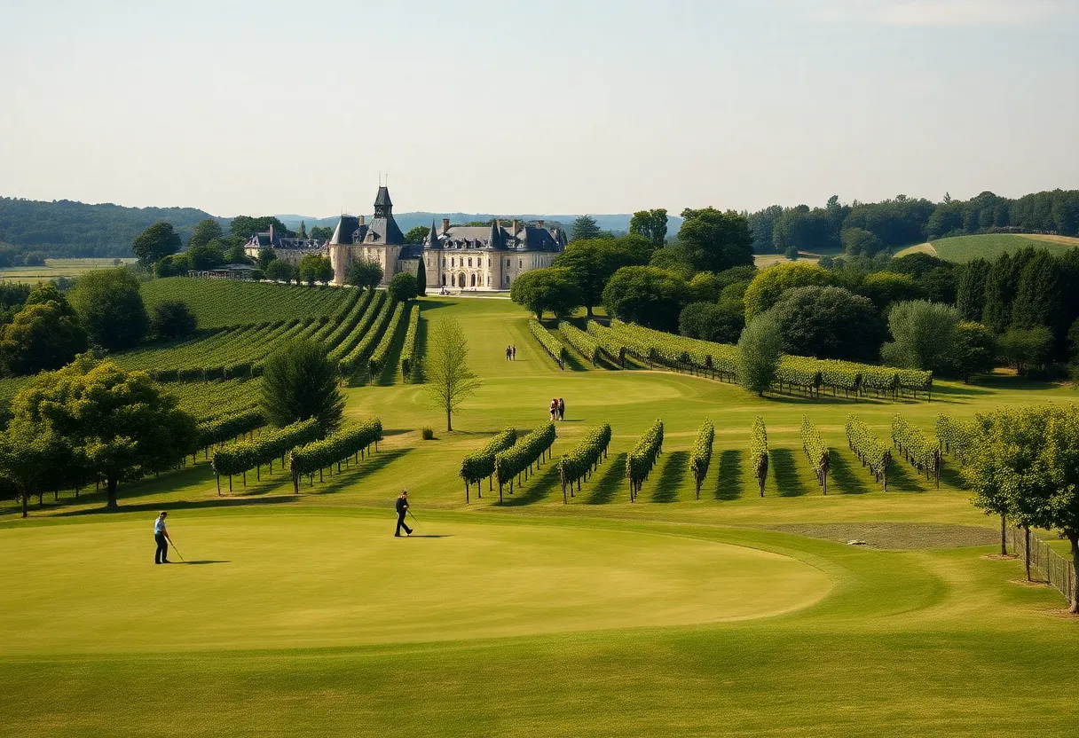 Luxurious golf resort surrounded by vineyards in Médoc region.