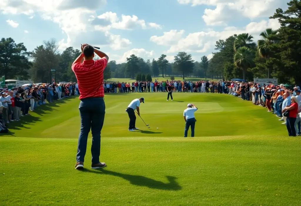 Golf tournament final hole scene with spectators.