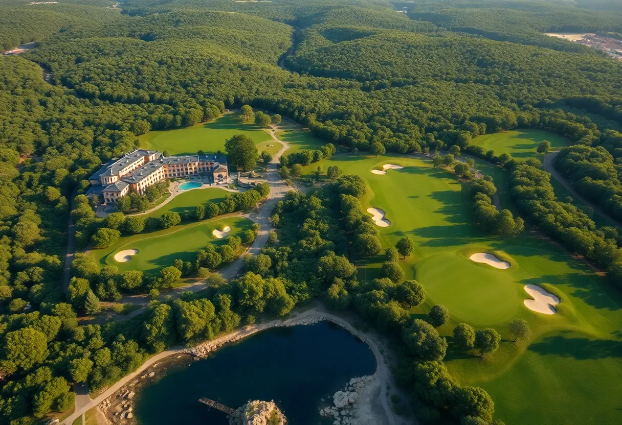 Aerial view of Camiral Golf Resort with golf courses and surrounding landscape