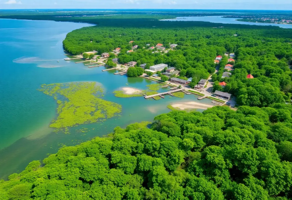 Scenic view of Can Gio's mangrove biosphere reserve with eco-tourism elements.