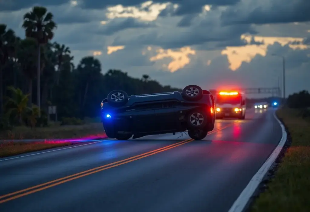A flipped vehicle on the side of the road at sunset