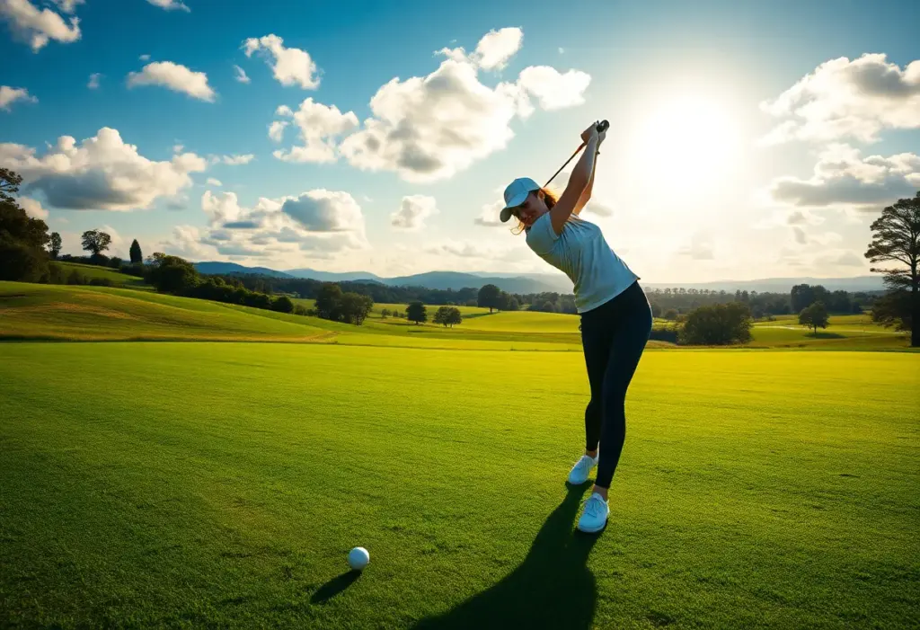 A woman golfer swinging on the green