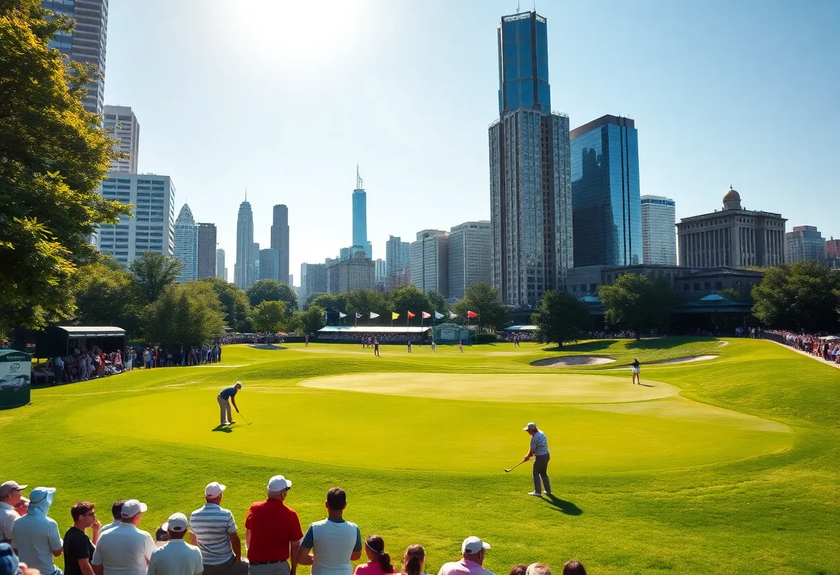 A sunny day at a historic golf course in Chicago with players and fans.