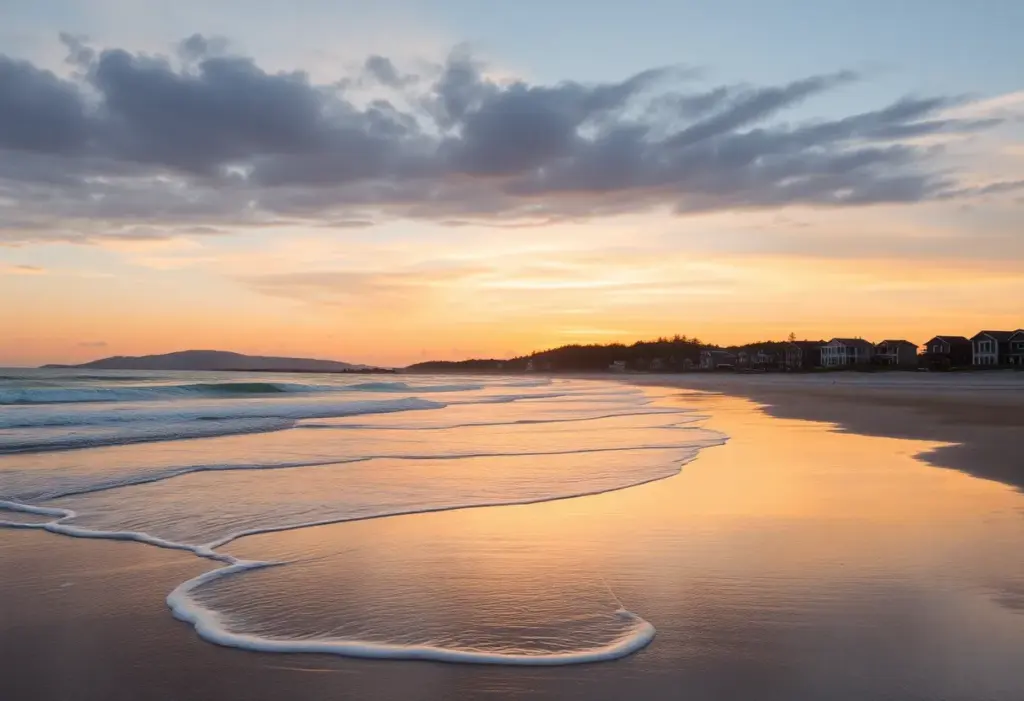 Tranquil beach at sunset with coastal homes.
